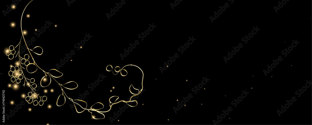 Golden Line art botany banner. Japanese style Hand drawn vector. Line art style design. Concept traditional Asian Card with space for text wedding, invitation, template card Golden frames.