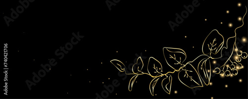 Golden Line art botany banner. Japanese style Hand drawn vector. Line art style design. Concept traditional Asian Card with space for text wedding, invitation, template card Golden frames.