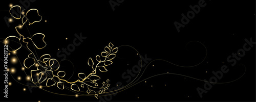 Golden Line art botany banner. Japanese style Hand drawn vector. Line art style design. Concept traditional Asian Card with space for text wedding, invitation, template card Golden frames.