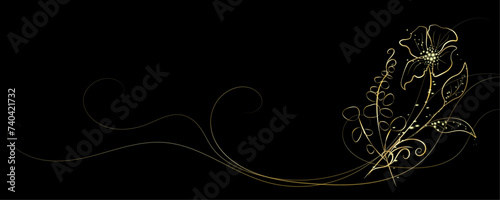 Golden Line art botany banner. Japanese style Hand drawn vector. Line art style design. Concept traditional Asian Card with space for text wedding, invitation, template card Golden frames.