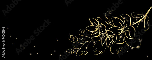 Golden Line art botany banner. Japanese style Hand drawn vector. Line art style design. Concept traditional Asian Card with space for text wedding, invitation, template card Golden frames.