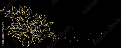 Golden Line art botany banner. Japanese style Hand drawn vector. Line art style design. Concept traditional Asian Card with space for text wedding, invitation, template card Golden frames.