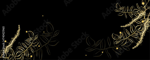 Golden Line art botany banner. Japanese style Hand drawn vector. Line art style design. Concept traditional Asian Card with space for text wedding, invitation, template card Golden frames.