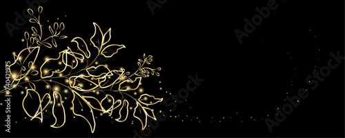 Golden Line art botany banner. Japanese style Hand drawn vector. Line art style design. Concept traditional Asian Card with space for text wedding, invitation, template card Golden frames.