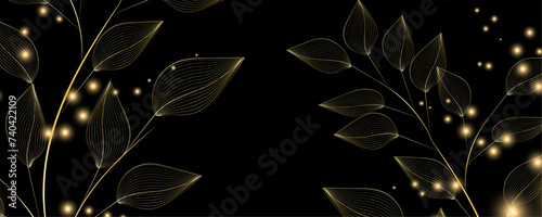 Golden Line art botany banner. Japanese style Hand drawn vector. Line art style design. Concept traditional Asian Card with space for text wedding, invitation, template card Golden frames.