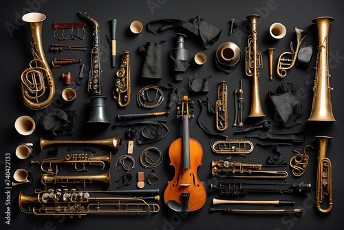 Flat lay of black musical instruments on a black cloth background