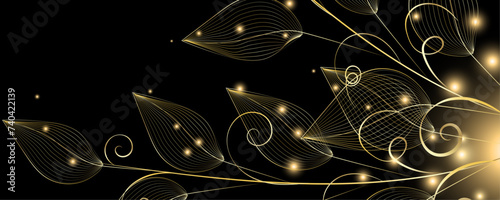 Golden Line art botany banner. Japanese style Hand drawn vector. Line art style design. Concept traditional Asian Card with space for text wedding, invitation, template card Golden frames.