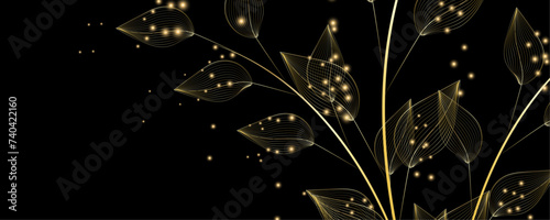 Golden Line art botany banner. Japanese style Hand drawn vector. Line art style design. Concept traditional Asian Card with space for text wedding, invitation, template card Golden frames.