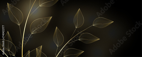 Golden Line art botany banner. Japanese style Hand drawn vector. Line art style design. Concept traditional Asian Card with space for text wedding, invitation, template card Golden frames.