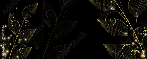 Golden Line art botany banner. Japanese style Hand drawn vector. Line art style design. Concept traditional Asian Card with space for text wedding, invitation, template card Golden frames.