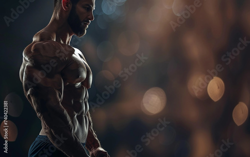 bodybuilder man on blured gym background. gym or health concept. Space for text