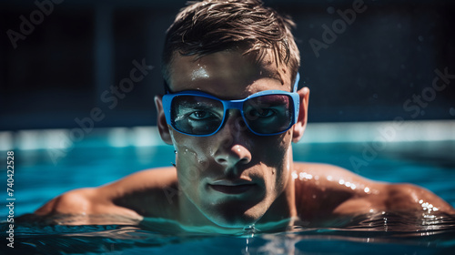 Focused Swimmer in Goggles Preparing for Competition, Intensity and Determination in Sports Training © AspctStyle