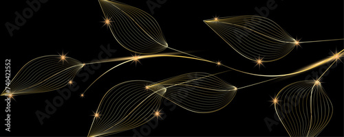 Golden Line art botany banner. Japanese style Hand drawn vector. Line art style design. Concept traditional Asian Card with space for text wedding, invitation, template card Golden frames.