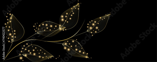 Golden Line art botany banner. Japanese style Hand drawn vector. Line art style design. Concept traditional Asian Card with space for text wedding, invitation, template card Golden frames.