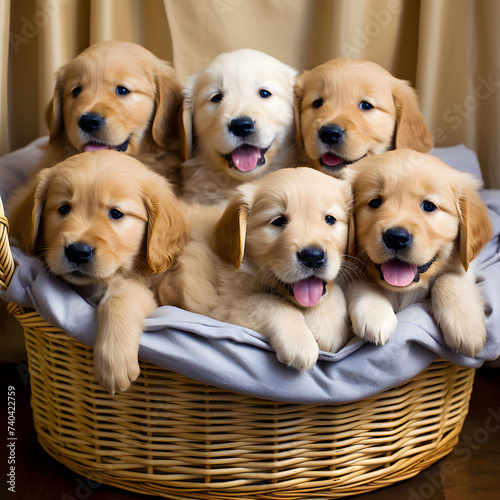  Whimsical Image of Golden Retriever Puppies in Basket - A Story of Innocence, Playfulness, and Maternal Care