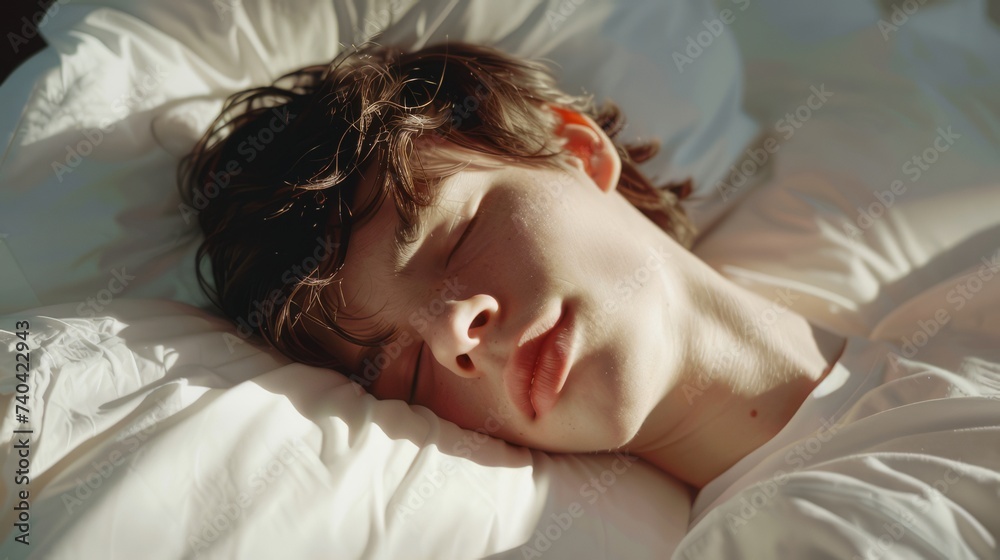 Serene young man captured in a peaceful close-up while sleeping in bed Serene young man captured in a peaceful close-up while sleeping in bed