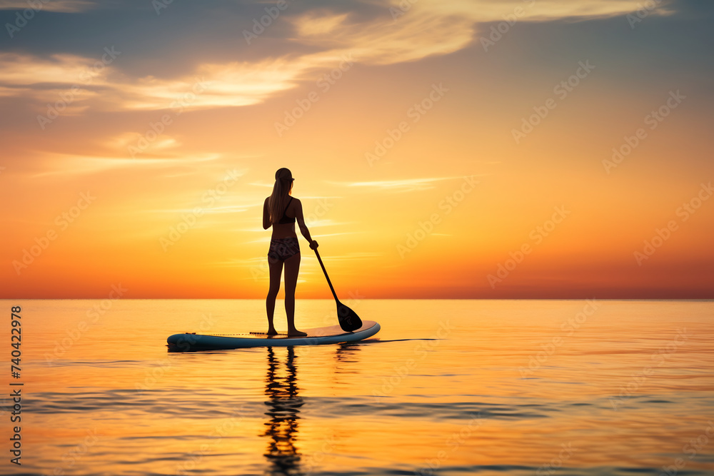 Silhouette of a Woman Paddleboarding at Sunset. Serene Water Sports and Nature Connection