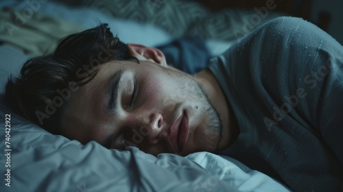 Serene young man captured in a peaceful close-up while sleeping in bed