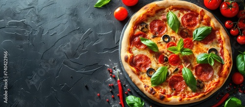 A mouthwatering pizza, either American or Italian, featuring fresh tomatoes, fragrant basil, and savory olives, showcased on a striking black background.