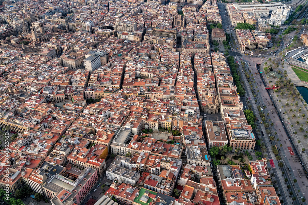 Obraz premium Aerial high angle view of Barcelona old town buildings, Spain. Late afternoon light