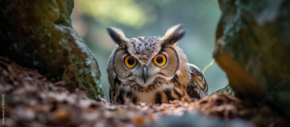 An Eastern Screech owl, a bird of prey, is perched in a hole on the ground, gazing directly at the camera, showcasing its distinctive beak and wild appearance An Eastern Screech owl, a bird of prey, is perched in a hole on the ground, gazing directly at the camera, showcasing its distinctive beak and wild appearance