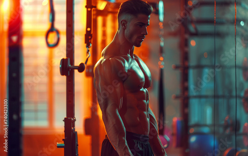 bodybuilder man on blured gym background. gym or health concept. Space for text © Syed Qaseem Raza