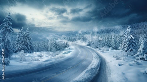 Aerial view of a winter snowcovered road with Serpentine Switchbacks in a forest ai generative