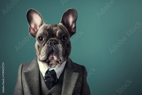Portrait of a French bulldog dressed in a formal business suit