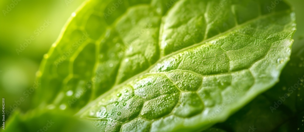 Macro close up of green leaf covered in sparkling water droplets Macro close up of green leaf covered in sparkling water droplets