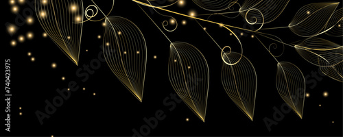 Golden Line art botany banner. Japanese style Hand drawn vector. Line art style design. Concept traditional Asian Card with space for text wedding, invitation, template card Golden frames.