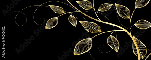 Golden Line art botany banner. Japanese style Hand drawn vector. Line art style design. Concept traditional Asian Card with space for text wedding, invitation, template card Golden frames.