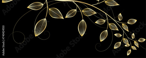 Golden Line art botany banner. Japanese style Hand drawn vector. Line art style design. Concept traditional Asian Card with space for text wedding, invitation, template card Golden frames.