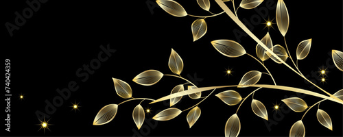 Golden Line art botany banner. Japanese style Hand drawn vector. Line art style design. Concept traditional Asian Card with space for text wedding, invitation, template card Golden frames.