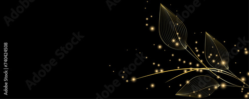 Golden Line art botany banner. Japanese style Hand drawn vector. Line art style design. Concept traditional Asian Card with space for text wedding, invitation, template card Golden frames.