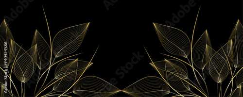 Golden Line art botany banner. Japanese style Hand drawn vector. Line art style design. Concept traditional Asian Card with space for text wedding, invitation, template card Golden frames.