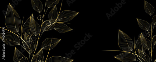 Golden Line art botany banner. Japanese style Hand drawn vector. Line art style design. Concept traditional Asian Card with space for text wedding, invitation, template card Golden frames.