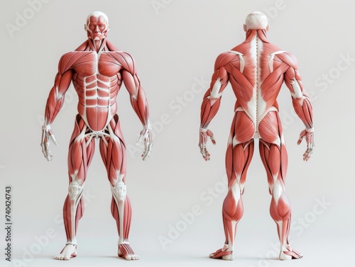 Illustration of human muscular system, front and back view, detailed anatomy photo