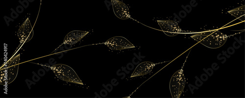 Golden Line art botany banner. Japanese style Hand drawn vector. Line art style design. Concept traditional Asian Card with space for text wedding, invitation, template card Golden frames.