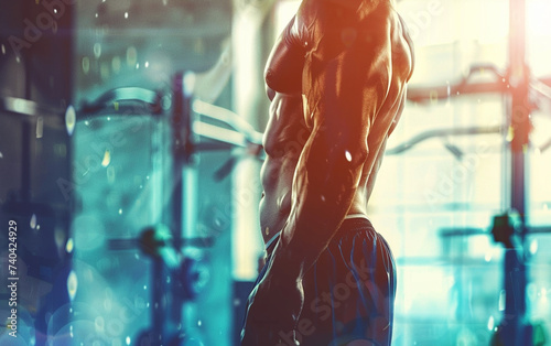 bodybuilder man on blured gym background. gym or health concept. Space for text