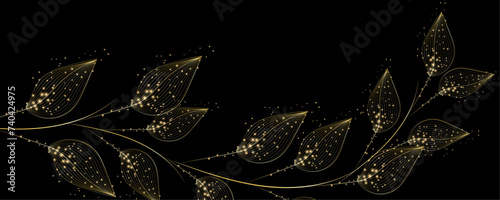 Golden Line art botany banner. Japanese style Hand drawn vector. Line art style design. Concept traditional Asian Card with space for text wedding, invitation, template card Golden frames.