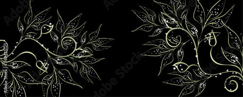 Golden Line art botany banner. Japanese style Hand drawn vector. Line art style design. Concept traditional Asian Card with space for text wedding, invitation, template card Golden frames.