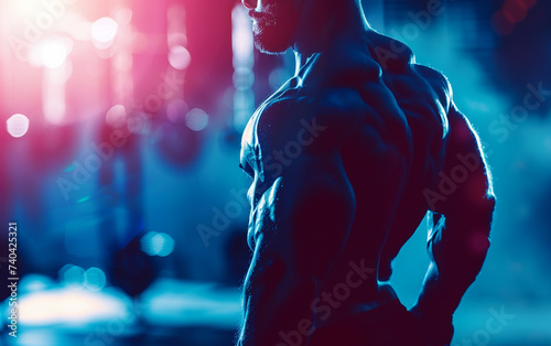 bodybuilder man on blured gym background. gym or health concept. Space for text