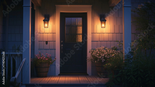 A welcoming entryway with a smart lightbulb and motionactivated porch lights providing safety and energy savings. photo
