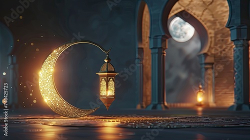 Islamic decoration background with lantern and crescent moon luxury style, ramadan kareem, mawlid, iftar, isra miraj, eid al fitr adha, muharram, copy space text area - Eid Ul Fitr - generative ai