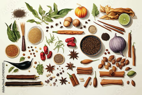Spices. Spice in Wooden spoon. Herbs. Curry, Saffron, turmeric, cinnamon and other isolated on a white background