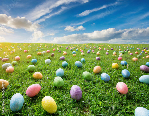 Large grass field and blue sky with thousand of small easter eggs