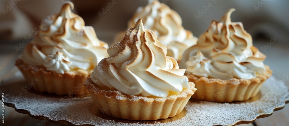 Delicious plate of assorted cupcakes with fluffy whipped cream on top, perfect sweet treats for celebration Delicious plate of assorted cupcakes with fluffy whipped cream on top, perfect sweet treats for celebration