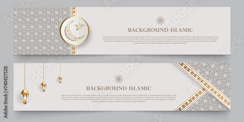 Islamic theme banner background, Arabic pattern ornaments. White color with luxurious gold silhouette. Decoration design element