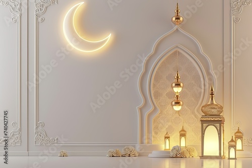 elegant ivory islamic desktop wallpaper background with crescent moon and elegant lantern 