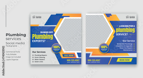Plumbing service social media post template, Web banner template